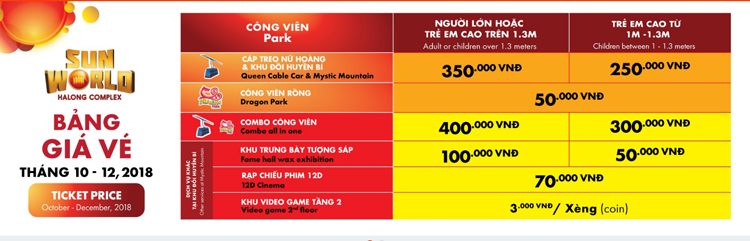 Cập nhật bảng vé Sun World Hạ Long Park