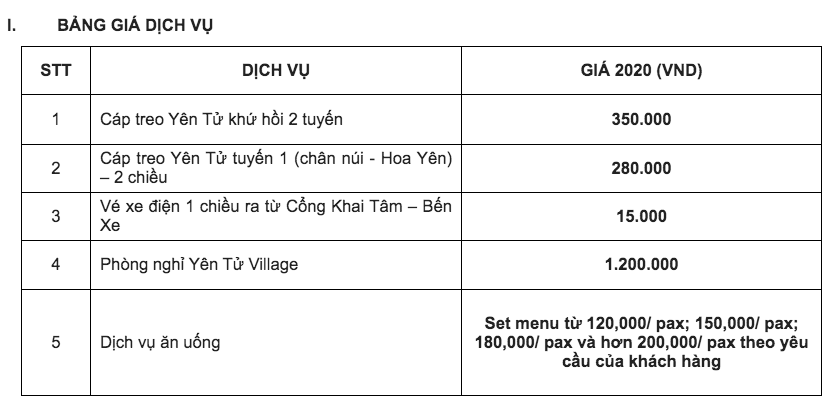 bảng giá các hoạt động làng hành hương Yên tử