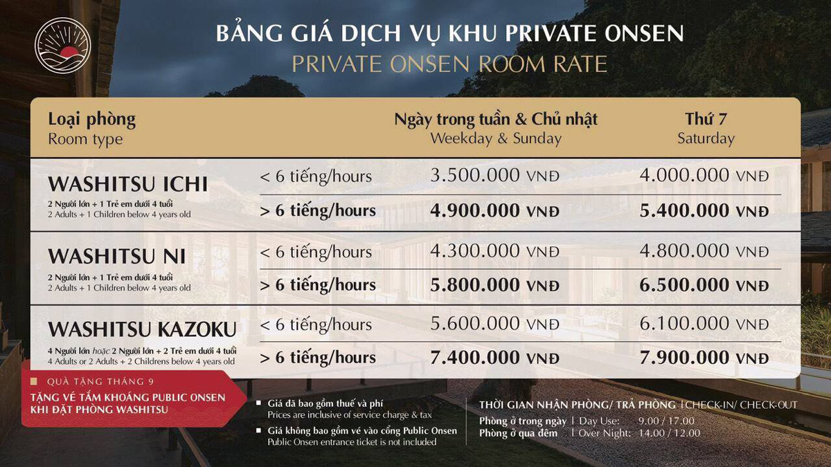 bảng giá khu private onsen quang hanh